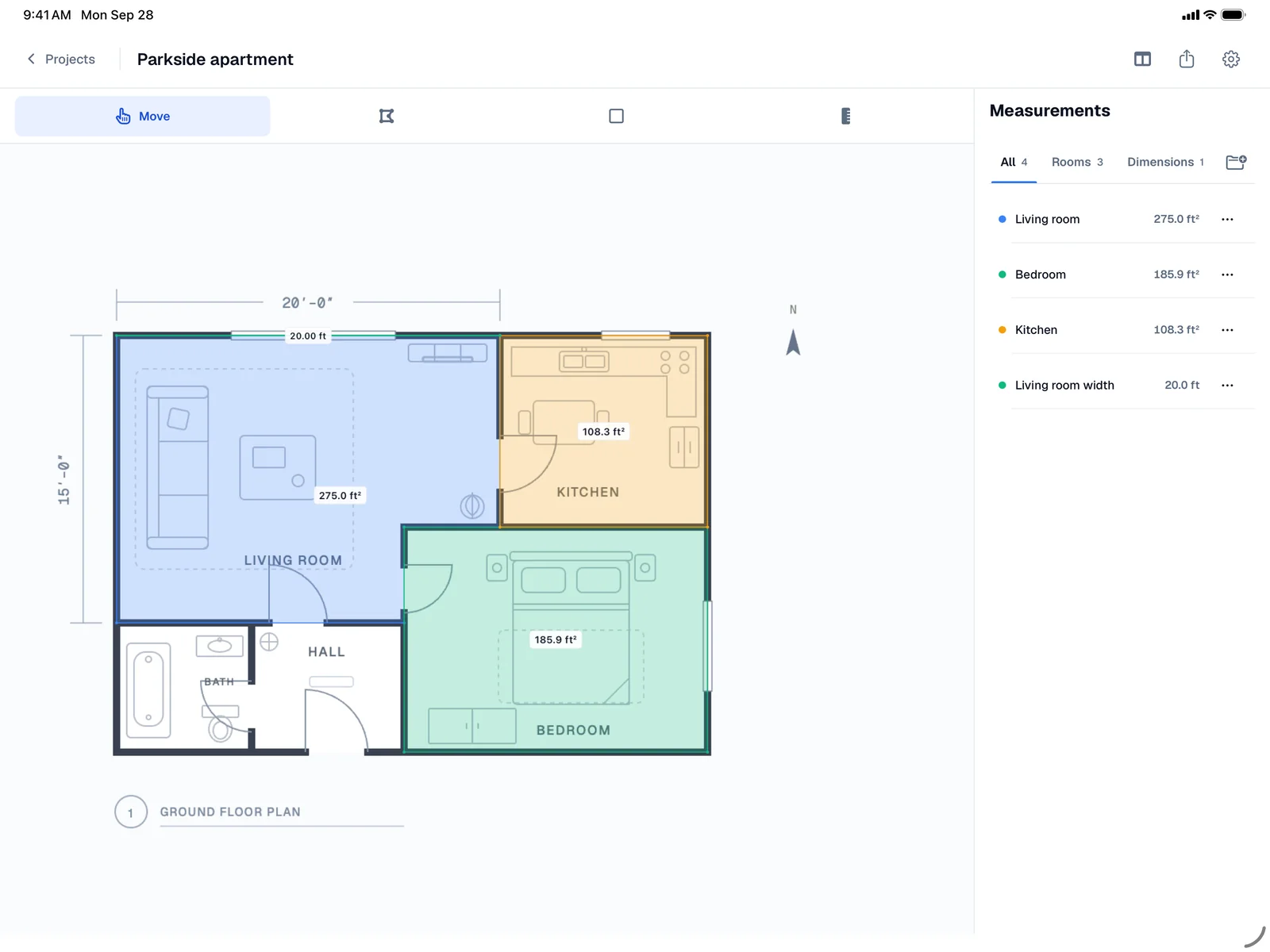 Areaplane on iPad: a floor plan beside the Measurements panel listing each room.